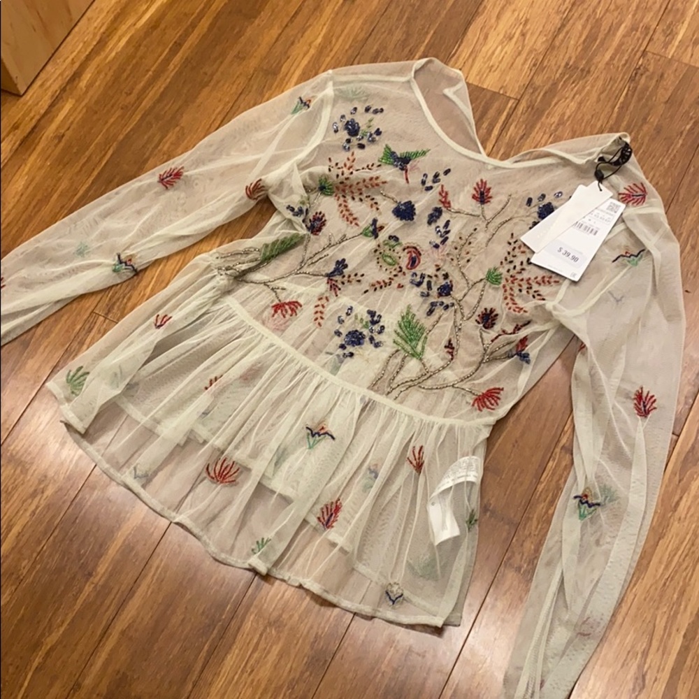 Creme sheer beaded and embroidered blouse